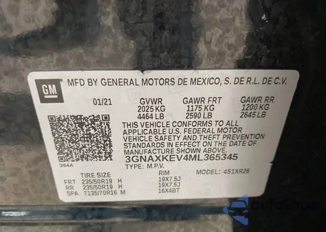 2021 Chevrolet Equinox Fwd Lt из США, поврежденный, VIN 3GNAXKEV4ML365345